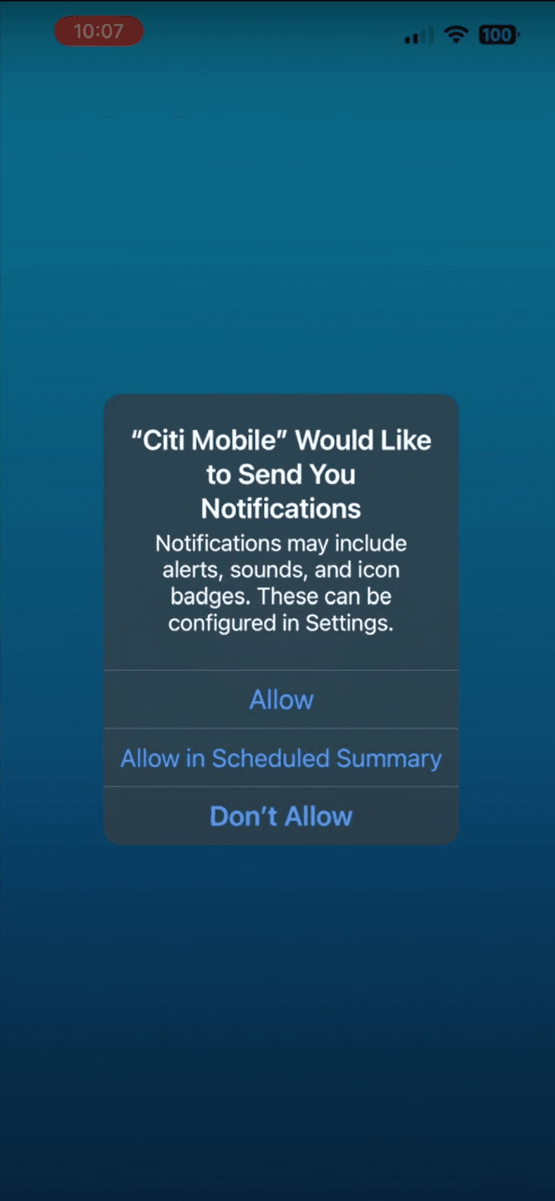 The iOS system prompt asking permission to send Citi Mobile notifications