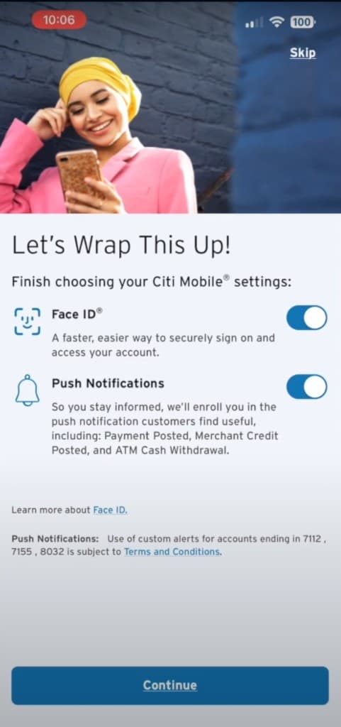 Citi Mobile setup screen with Face ID and push notifications switched on by default